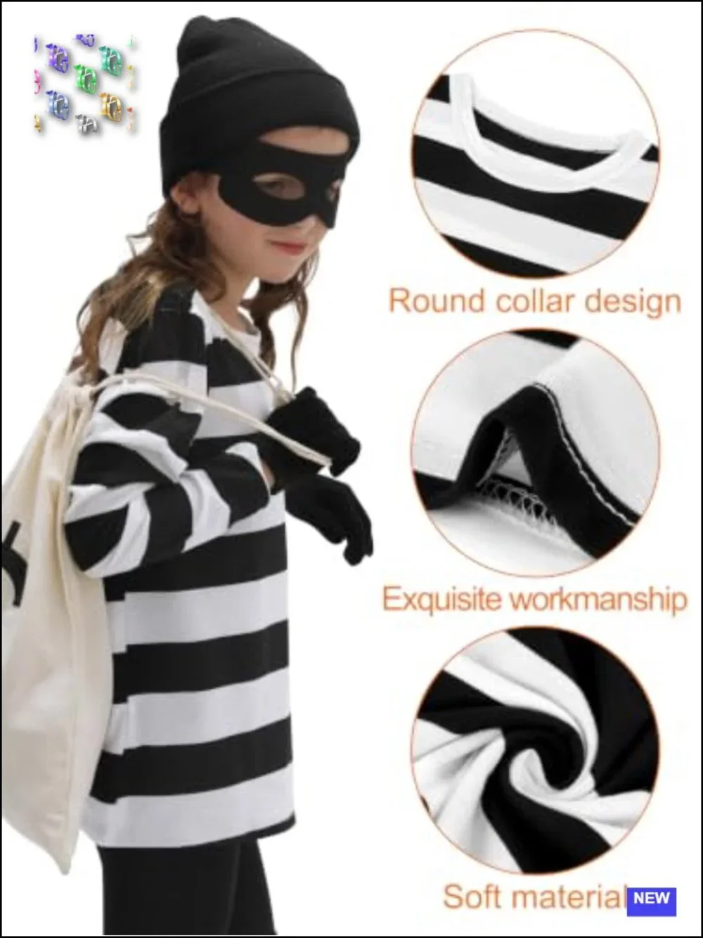 Kids Robber Costume Halloween Striped Tee with Bag Gloves Eye Patch Mask
